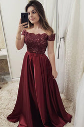 Burgundy Long Prom Dresses, Off The Shoulder Appliques Party Dresses